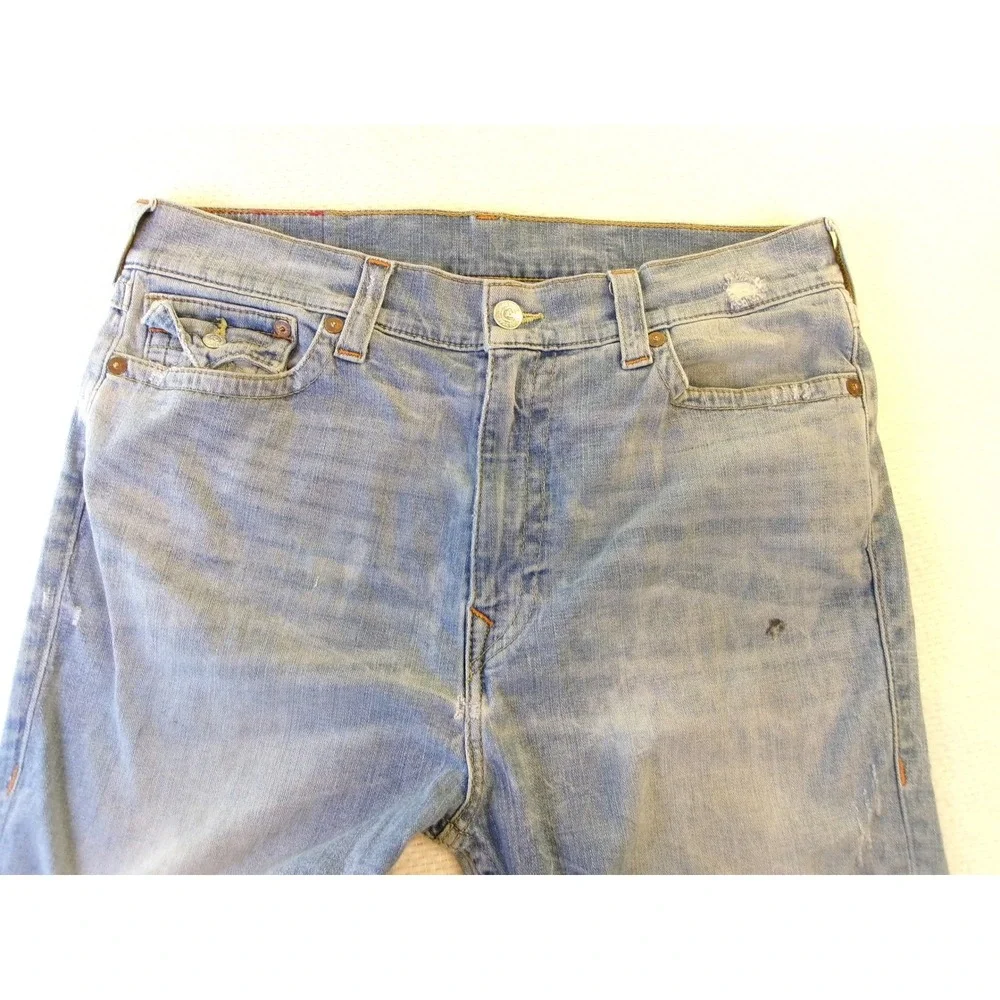True Religion Mens 34 Slim Drop Rise Jeans Light Blue Flap‎ Pocket Distressed